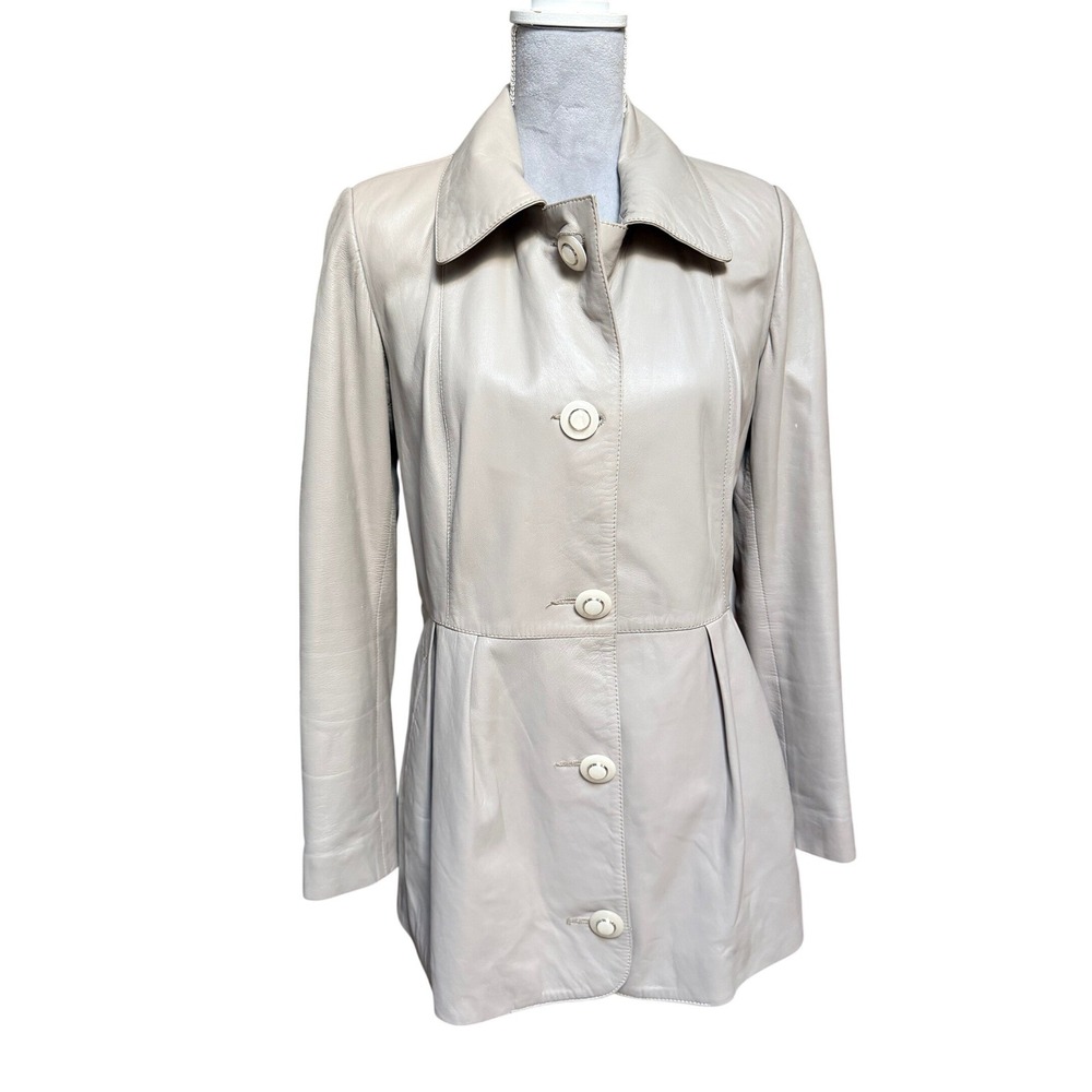 Vtg Genuine Lamb Butter Leather Peplum Coat Grey Button Collared Long Jacket